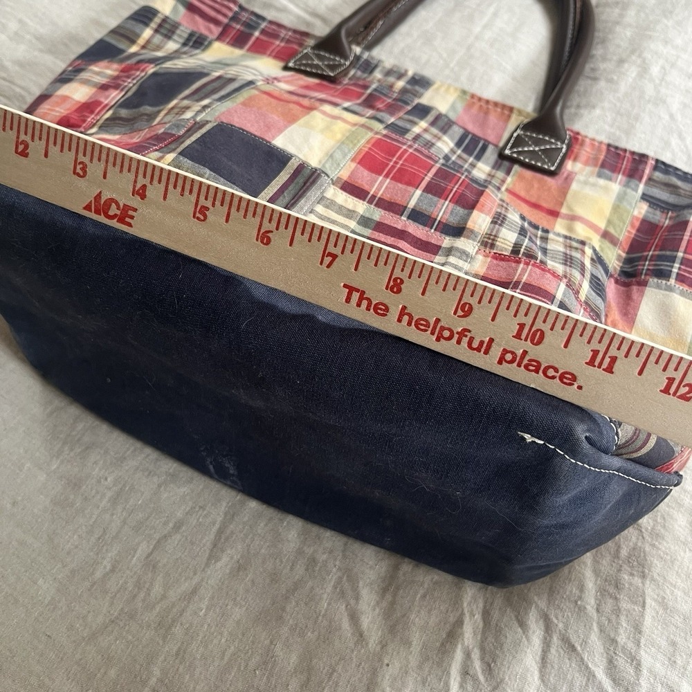 Vintage L.L. Bean Plaid Patchwork Leather Handle Tote Canvas - Picture 8 of 9